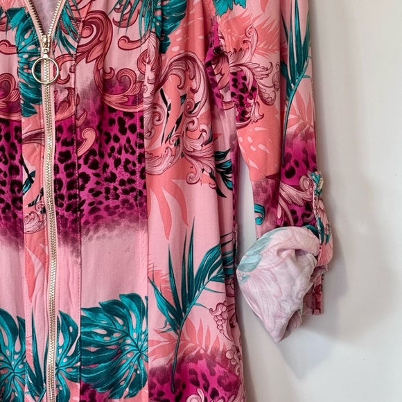 Guess|Y2K Pink & Teal Miami Tropical Print Long Sleeve Gold Zip Mini Dress Sz XS - Picture 5 of 7